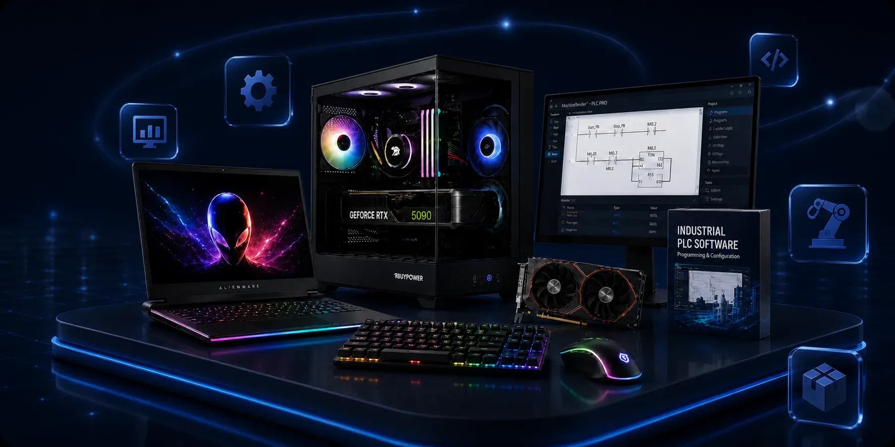 Eneleich Store computers, PLC software, accessories, and engineering products in a dark studio
